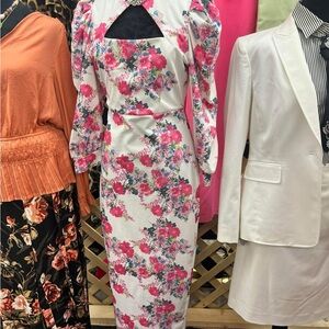 Floral Puff-Sleeve Midi Dress in White and Pink